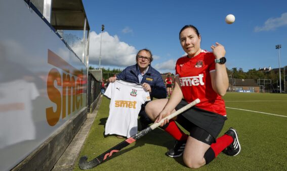 Managing Director of Smet Building Products Joris Smet, with NOHC Ladies 1s Captain Kathryn Baird